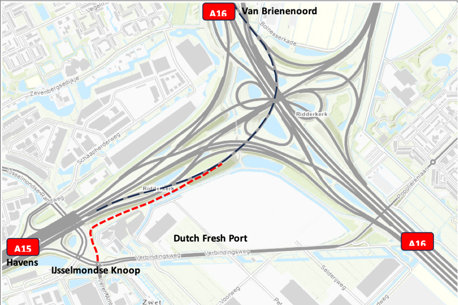 Een overzichtskaart van de situatie rondom de IJsselmondse Knoop