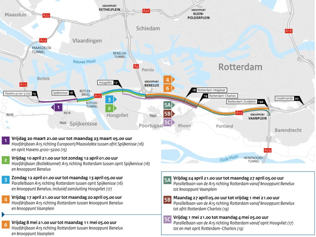 Overzichtskaart met wegwerkzaamheden van de snelweg A15 in april en mei 2026.
