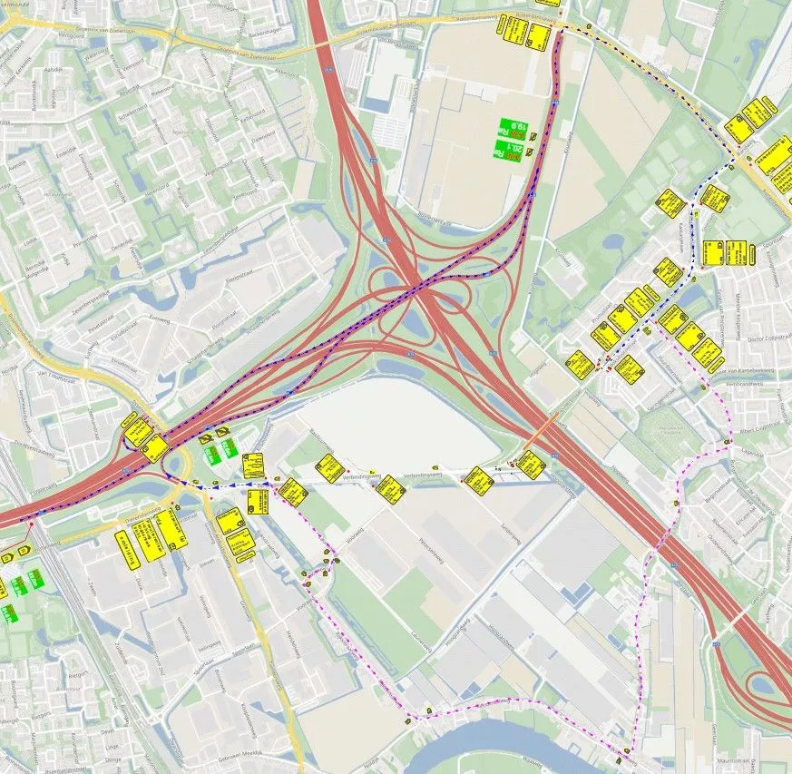 Schematische kaart van de omleidingen tijdens de afsluiting van het viaduct Populierenlaan.
