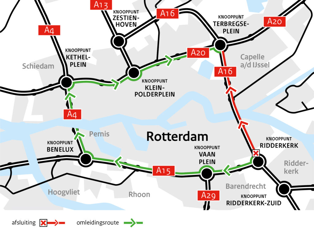 Overzichtskaart van wegwerkzaamheden aan de A16 tussen 15 en 18 mei.