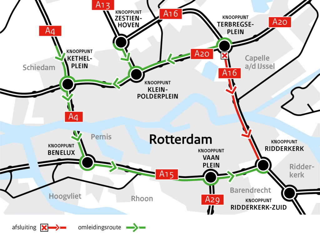 Overzichtskaart van wegwerkzaamheden aan de A16 tussen 22 en 25 mei.