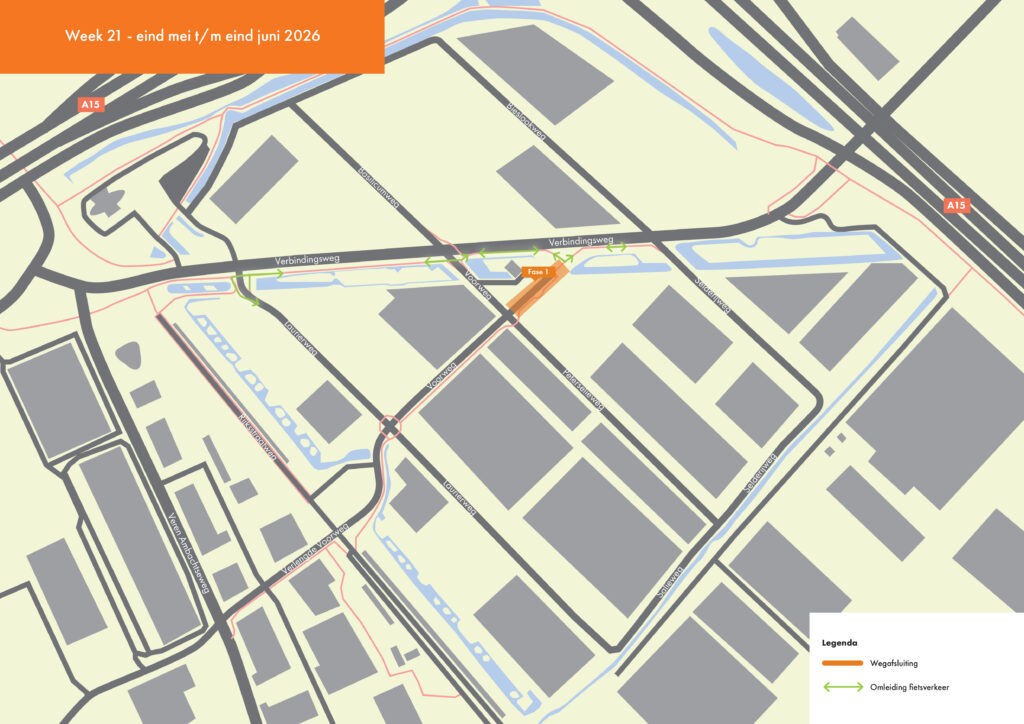Overzichtskaart van de omleiding door de werkzaamheden aan het fietspad van de Verbindingsweg.