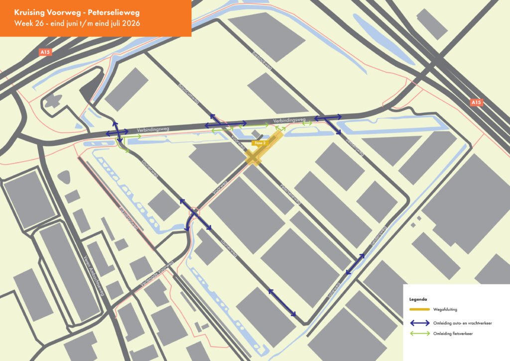 Overzichtskaart van de werkzaamheden aan kruispunt Voorweg-Laurierweg op Nieuw Reijerwaard.